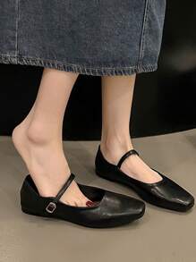 女士黑色方头玛丽珍平底鞋，休闲正装鞋，搭配裙子，柔软温和的氛围 - 黑色 - 查看 3