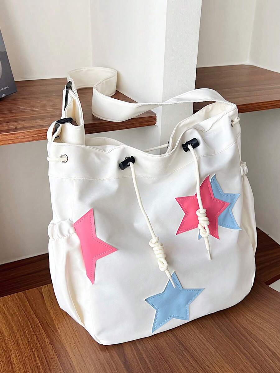 Túi vải canvas Star Patchwork thường ngày với thiết kế khối màu dành cho học sinh, người đi làm, phong cách Ins, đa năng, túi đeo vai/dây đeo chéo/túi tote - Màu be - Xem 1