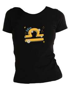 Cotton T-Shirt Zodiac Sign Libra September October Horoscope Cute Flowers - Black - View 1