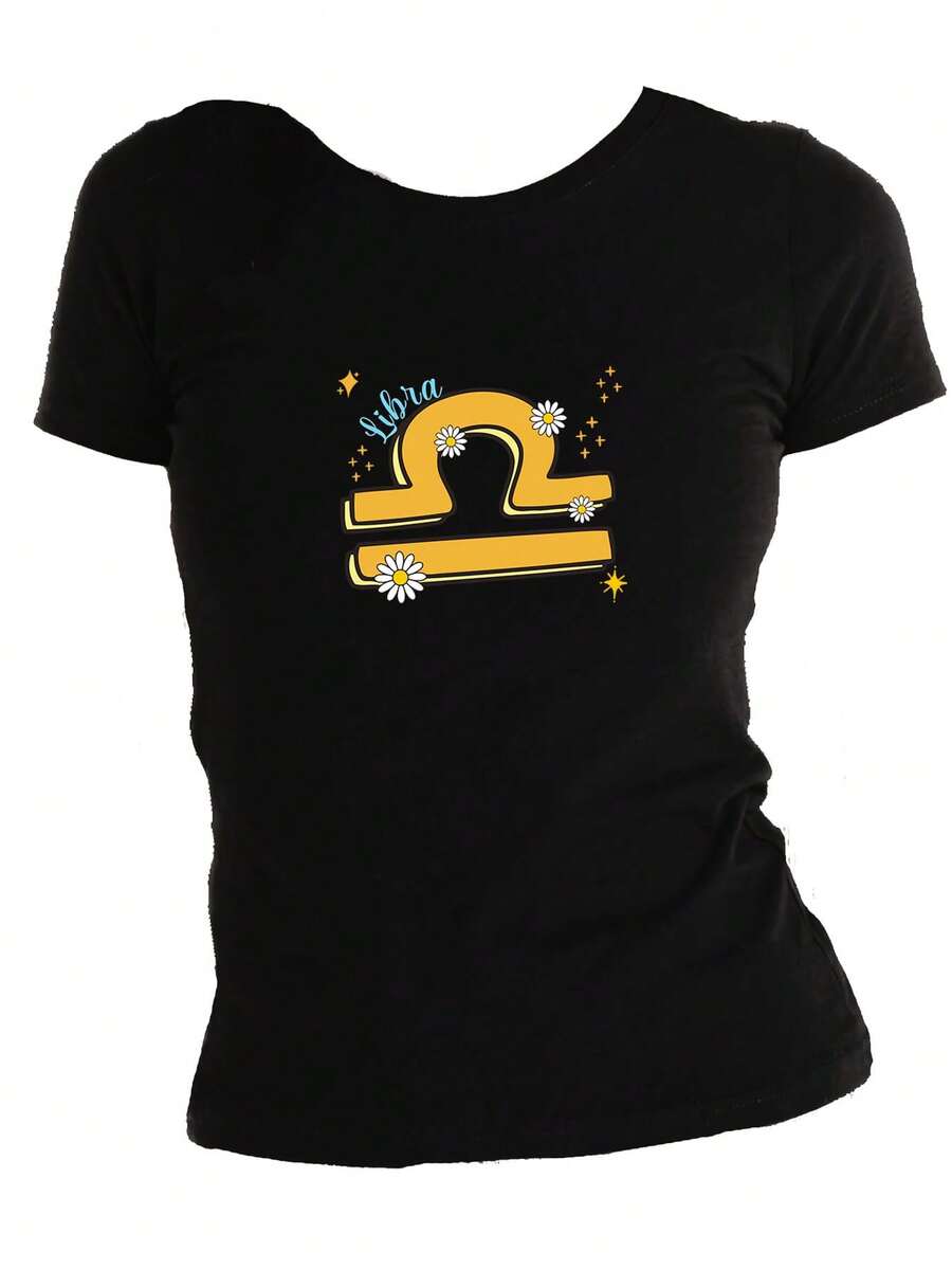 Cotton T-Shirt Zodiac Sign Libra September October Horoscope Cute Flowers - Black - View 1