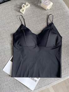 Ice Silk Ribbon Design Padded Sexy One-Piece Camisole Top With Built-In Bra - Black - View 6