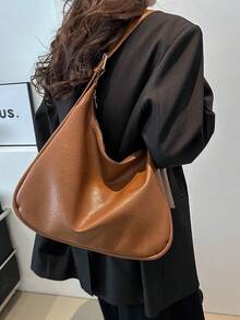 純色休閒pu皮手提袋,大容量攜帶式肩袋,簡約設計購物手提包斜挎包 - 棕色 - 查看 4