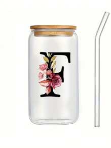 1入組450ml字母花卉a-z咖啡杯,高硼硅耐熱玻璃杯,配有竹蓋和吸管,適用於家庭和辦公室,是送給女士、母親、最好的朋友、新娘和伴娘的生日禮物 - 無色 - 查看 8