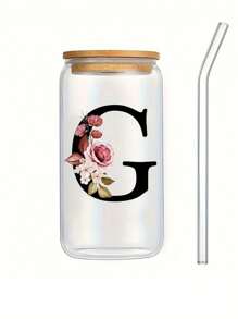 1入組450ml字母花卉a-z咖啡杯,高硼硅耐熱玻璃杯,配有竹蓋和吸管,適用於家庭和辦公室,是送給女士、母親、最好的朋友、新娘和伴娘的生日禮物 - 無色 - 查看 9