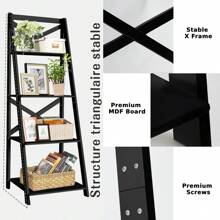4-Tiers Ladder Shelf, Modern Leaning Bookcase Plant Flower Stand, Home Office Storage Unit Organiser Display Rack For Living Room Bedroom - Black - View 4