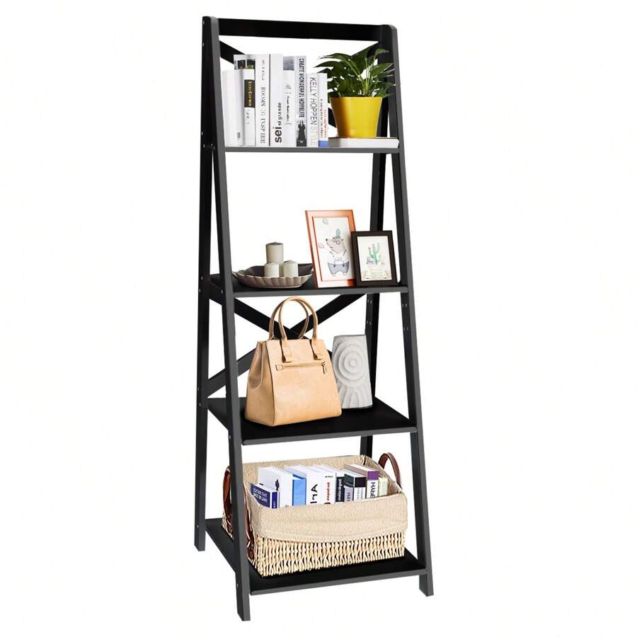 4-Tiers Ladder Shelf, Modern Leaning Bookcase Plant Flower Stand, Home Office Storage Unit Organiser Display Rack For Living Room Bedroom - Black - View 1