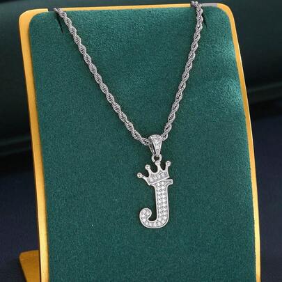 1件皇冠字母吊坠扭链项链，可定制姓名/字母，适合儿童和成人，儿童生日礼物