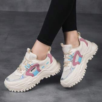 Teenagers' Sporty, Comfortable And Lightweight Mesh Sneakers, Ideal For Casual Wear, Plus-Size, Thick-Soled Chunky Sneakers