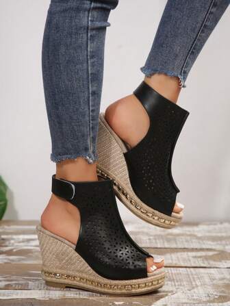 2024 Spring/Summer Plus Size Women's Thick Soled Wedge Heel Peep Toe Sandals, Fashionable Casual Open Toe Shoes