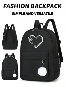 1 pieza Mochila informal con gran capacidad, de color negro, con estampado sencillo de corazones y mariposas, perfecta para universidad, trayectos y viajes, mochila práctica, bolsa para la escuela, mochila escolar, gran capacidad, compartimento para portátil, portátil, ligera, para adolescentes, mujeres y estudiantes universitarios, perfecta para la oficina, universidad, escuela primaria, secundaria, preparatoria, trabajo, negocios, trayecto, estadio, deportes, útiles escolares - Negro - Ver 1