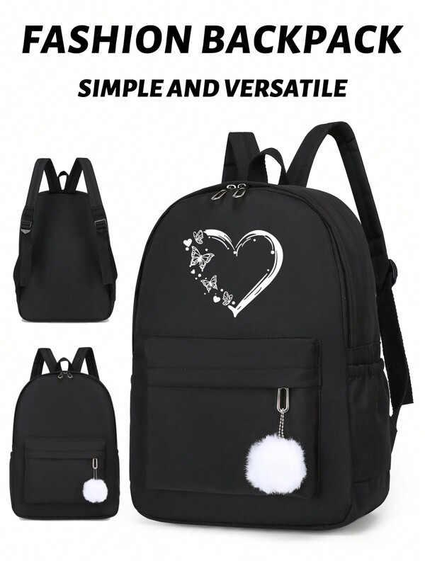 1 pieza Mochila informal con gran capacidad, de color negro, con estampado sencillo de corazones y mariposas, perfecta para universidad, trayectos y viajes, mochila práctica, bolsa para la escuela, mochila escolar, gran capacidad, compartimento para portátil, portátil, ligera, para adolescentes, mujeres y estudiantes universitarios, perfecta para la oficina, universidad, escuela primaria, secundaria, preparatoria, trabajo, negocios, trayecto, estadio, deportes, útiles escolares