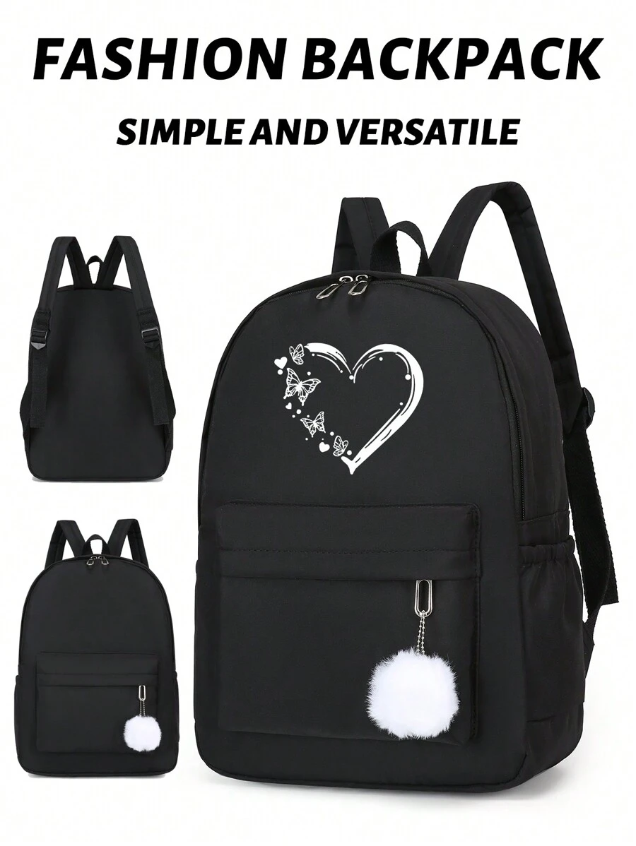 1 pieza Mochila informal con gran capacidad, de color negro, con estampado sencillo de corazones y mariposas, perfecta para universidad, trayectos y viajes, mochila práctica, bolsa para la escuela, mochila escolar, gran capacidad, compartimento para portátil, portátil, ligera, para adolescentes, mujeres y estudiantes universitarios, perfecta para la oficina, universidad, escuela primaria, secundaria, preparatoria, trabajo, negocios, trayecto, estadio, deportes, útiles escolares - Negro - Ver 1