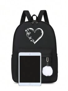1 pieza Mochila informal con gran capacidad, de color negro, con estampado sencillo de corazones y mariposas, perfecta para universidad, trayectos y viajes, mochila práctica, bolsa para la escuela, mochila escolar, gran capacidad, compartimento para portátil, portátil, ligera, para adolescentes, mujeres y estudiantes universitarios, perfecta para la oficina, universidad, escuela primaria, secundaria, preparatoria, trabajo, negocios, trayecto, estadio, deportes, útiles escolares - Negro - Ver 2