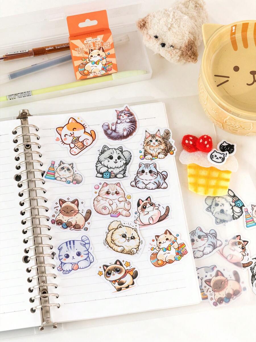 MO CARO 45入組/盒可愛卡通貓主題貼紙,甜蜜的小貓公園系列,銅版紙盒包裝,非常適合於相簿和文具裝飾 - 彩色 - 查看 1