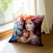 1入組45*45cm桃皮材質母子擁抱印花枕套,適用於營造母親節氛圍,日常室內裝飾,表達愛意,適用於臥室、床、客廳、花園、沙發和椅子 - 彩色 - 查看 4