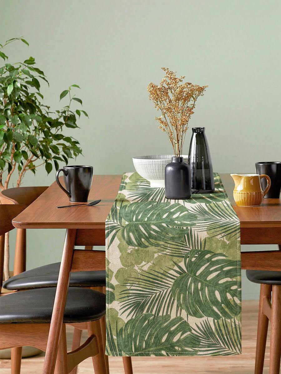 1入組極簡主義手繪熱帶植物葉紋印花亞麻桌布,適用於廚房/餐桌裝飾、鞋櫃/收納櫃蓋,全年適用桌布 - 彩色 - 查看 1