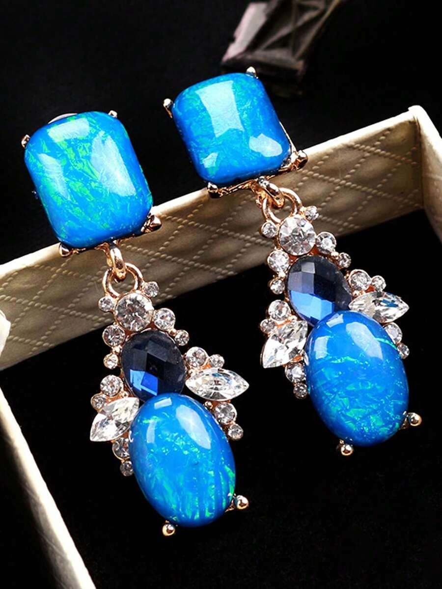 juran 1 对时尚树脂水钻吊坠耳环 - 藍色 - 查看 1