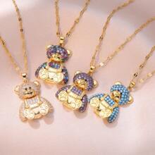 [aço De Titânio] Colar Com Pingente De Urso De Pelúcia Luxuoso E Elegante Para Mulheres, Brilhante Com Strass Completo, Perfeito Para Várias Ocasiões