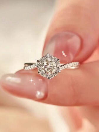 1 件 925 纯银奢华全密镶扭臂设计戒指，优雅向日葵风格婚礼/正式派对戒指，防过敏，随机盒装款式