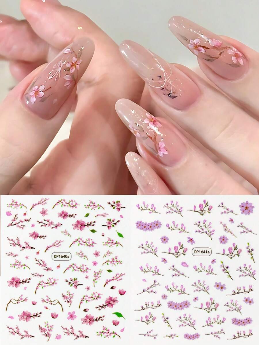 2入組粉色桃花櫻花指甲貼紙和貼紙,浪漫春季花卉裝飾,diy美甲用品 - 彩色 - 查看 1