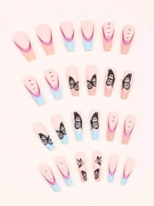 24入組法式塗鴉美甲貼紙,附帶1個果凍膠和1個指甲檔 - 彩色 - 查看 4