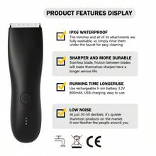 Máy tỉa lông vùng bẹn & cơ thể, đầu tỉa thân thiện với da & lưỡi dao bằng lá, máy chải lông ướt khô chống thấm nước, máy cạo lông bóng có thể sạc lại cho nam - màu đen - Xem 10