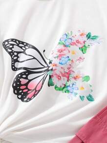 Conjunto de Camiseta de manga corta con estampado de mariposas y flores y pantalones utilitarios para niña preadolescente, verano