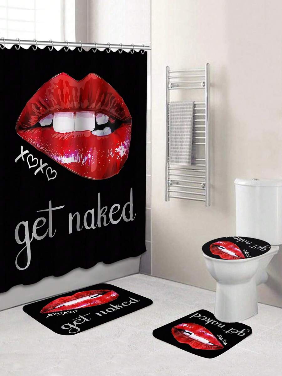 1pc Red Art Shower Curtain Or Red Lip Printed Shower Curtain Or Toilet