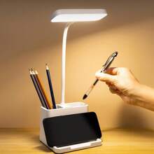 1pc LED Light Table Lamp With Phone Holder And Pen Container, Dimmable Reading Light 3 Touch Modes - White - View 1