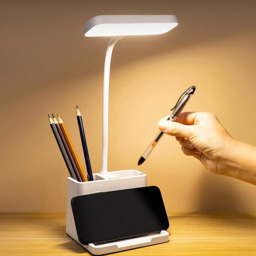 1pc LED Light Table Lamp With Phone Holder And Pen Container, Dimmable Reading Light 3 Touch Modes - White - View 1