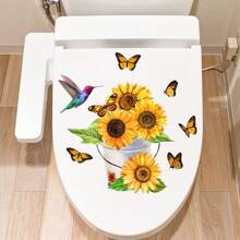 1片花卉、蝴蝶、鳥類馬桶蓋貼紙,防水剝離壁貼,浴室廁所