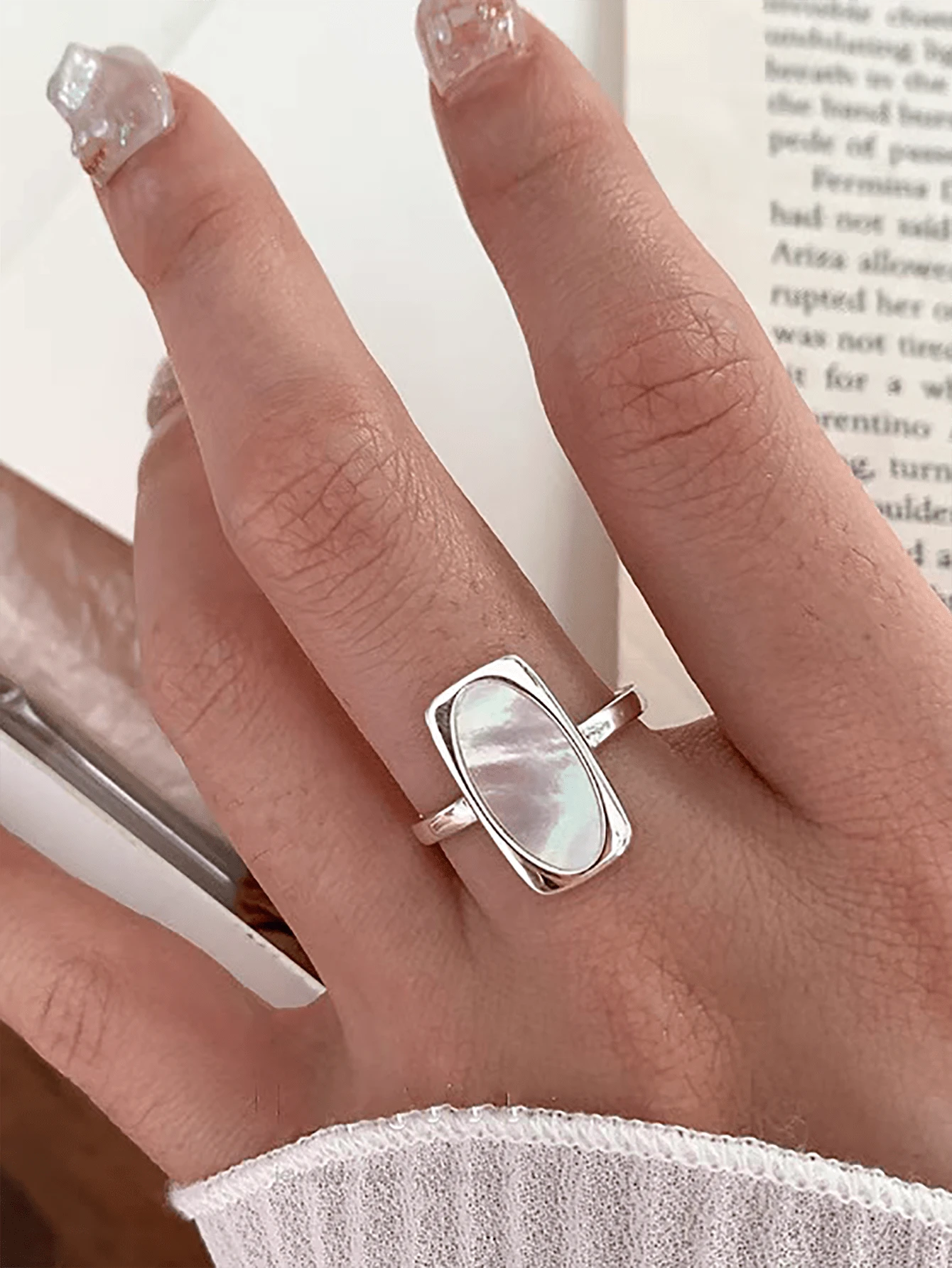 BALMORA 1 Stück Sterling S925 Silber Einfacher Eleganter Modischer Geometrischer Ring Mit Weißer Muschel Quadratisch, Offener Verstellbarer Finger Ring Für Frauen Mädchen, Retro Party Dating Geschenk, Täglicher Gebrauch Geburtstagsgeschenk