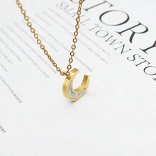 時尚不鏽鋼月形吊墜項鍊,附白色贝壳,適合女士 - 金色 - 查看 2