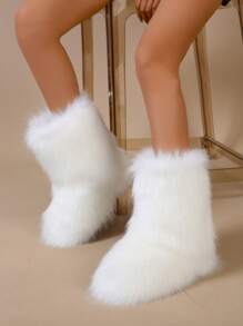 Women's Fluffy Snow Boots, Fashionable Thick Warm Fluffy Lined Mid-Calf Snow Boots, White