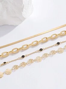 4pcs Set Simple & Fashionable Chain, Floral & Zirconia Decorated Multi-Layer Anklets, Versatile Accessory Suitable For Men And Women, Summer Holiday Beach Travel - Yellow Gold - View 4
