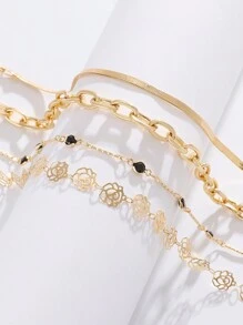 4pcs Set Simple & Fashionable Chain, Floral & Zirconia Decorated Multi-Layer Anklets, Versatile Accessory Suitable For Men And Women, Summer Holiday Beach Travel - Yellow Gold - View 5