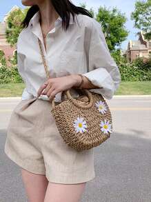 圆形 S 女士夏季包编织半圆形波西米亚斜挎包雏菊装饰钱包、夏季女士包、女士度假包、假日、草编钱包、草编沙滩包、沙滩必需品、沙滩必需品、沙滩用品和夏季必需品、最适合海滩氛围的女士包、时尚柳条包、夏季时尚度假包 - 卡其色 - 查看 8