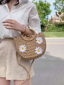 圆形 S 女士夏季包编织半圆形波西米亚斜挎包雏菊装饰钱包、夏季女士包、女士度假包、假日、草编钱包、草编沙滩包、沙滩必需品、沙滩必需品、沙滩用品和夏季必需品、最适合海滩氛围的女士包、时尚柳条包、夏季时尚度假包 - 卡其色 - 查看 6