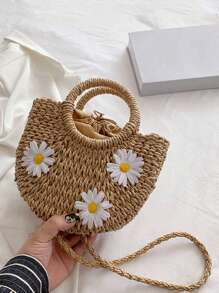 圆形 S 女士夏季包编织半圆形波西米亚斜挎包雏菊装饰钱包、夏季女士包、女士度假包、假日、草编钱包、草编沙滩包、沙滩必需品、沙滩必需品、沙滩用品和夏季必需品、最适合海滩氛围的女士包、时尚柳条包、夏季时尚度假包 - 卡其色 - 查看 4