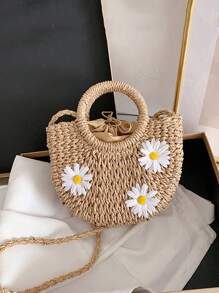 圆形 S 女士夏季包编织半圆形波西米亚斜挎包雏菊装饰钱包、夏季女士包、女士度假包、假日、草编钱包、草编沙滩包、沙滩必需品、沙滩必需品、沙滩用品和夏季必需品、最适合海滩氛围的女士包、时尚柳条包、夏季时尚度假包 - 卡其色 - 查看 3