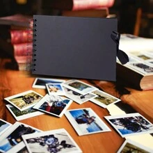 1pc A5 Size Black Paper Inner Pages Album With Bowknot Ribbon, Spiral Clipbook - Black - View 1