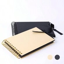 1pc A5 Size Black Paper Inner Pages Album With Bowknot Ribbon, Spiral Clipbook - Black - View 11