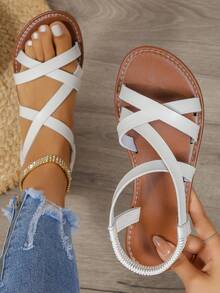 2024年夏季新款羅馬風格女士平底交叉帶便鞋,女士沙灘鞋 - 白色 - 查看 2