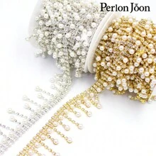 Perlon Joon 1 Set Bridal Wedding Shoes Decorative Accessories, Crystal Ribbon, Faux Pearl, Rhinestone Trim, Tassel Chain - Gold - View 3