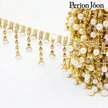 Perlon Joon 1 Set Bridal Wedding Shoes Decorative Accessories, Crystal Ribbon, Faux Pearl, Rhinestone Trim, Tassel Chain - Gold - View 4