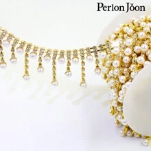 Perlon Joon 1 Set Bridal Wedding Shoes Decorative Accessories, Crystal Ribbon, Faux Pearl, Rhinestone Trim, Tassel Chain - Gold - View 5