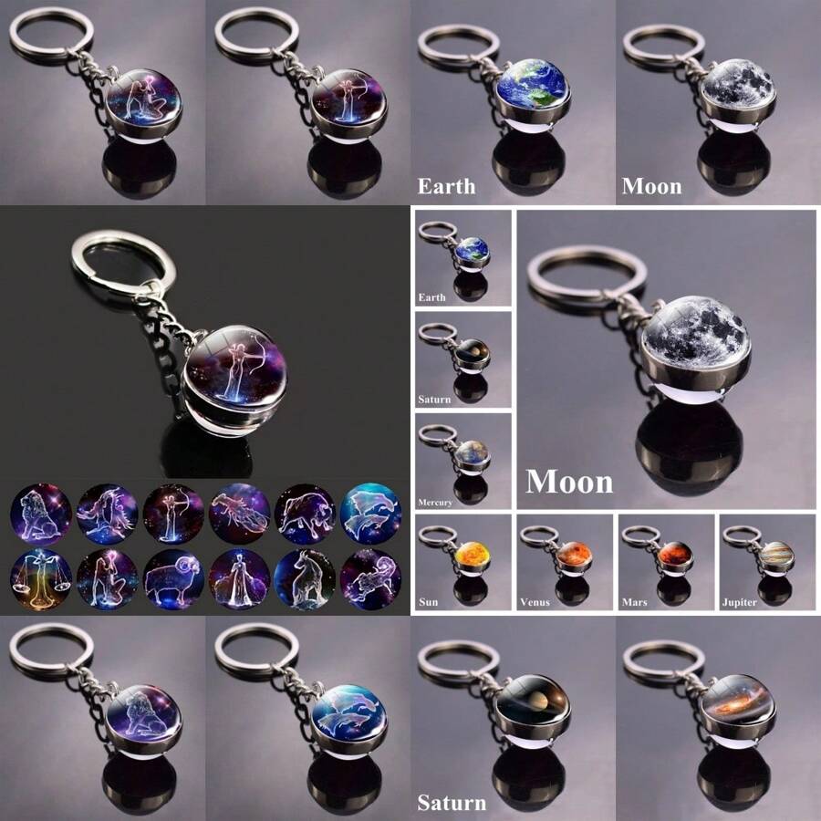 1個太陽系行星藝術圖像玻璃球鑰匙扣適用於男性，帶有星系、星雲和空間設計元素，包括月球、地球和火星休閒風格 - 多色 - 查看 1