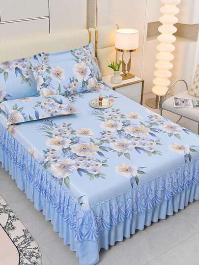 1pc Large Size Cooling Silk Bed Skirt With Floral Print, Korean Style Double-Layer Ruffle, Suitable For Single/Double Bed, Home Bedroom, Outdoor Travel
