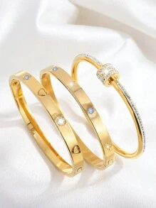 3 件精美华丽不锈钢心形 + 旋转 + 八角星手镯组合女士约会时佩戴。情人节