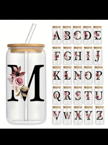 1入組450ml字母花卉a-z咖啡杯,高硼硅耐熱玻璃杯,配有竹蓋和吸管,適用於家庭和辦公室,是送給女士、母親、最好的朋友、新娘和伴娘的生日禮物 - 無色 - 查看 3